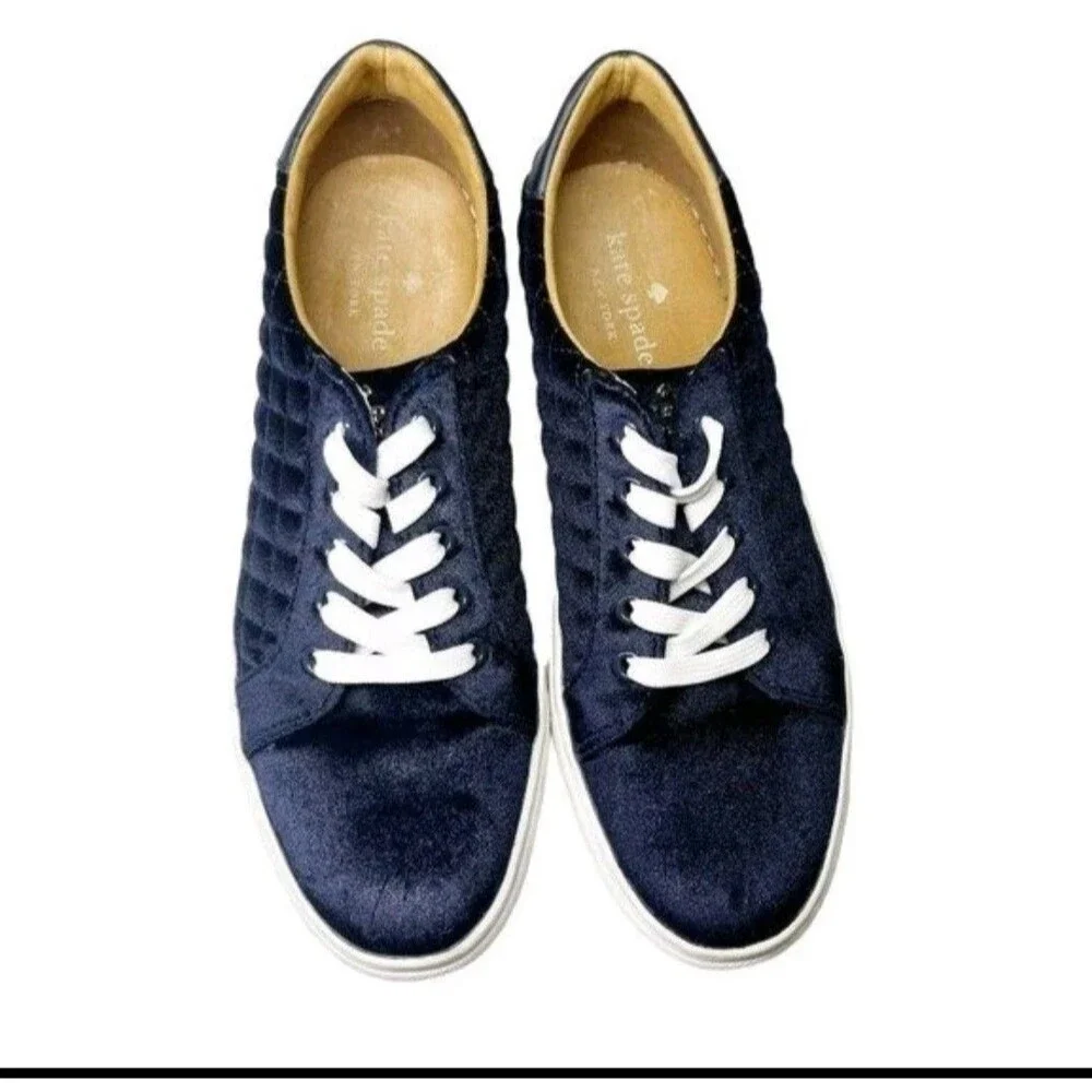 Woman’s Shoe Kate Spade Navy Blue Velvet Size 7.5 Style Fleet,Gold Embellishment